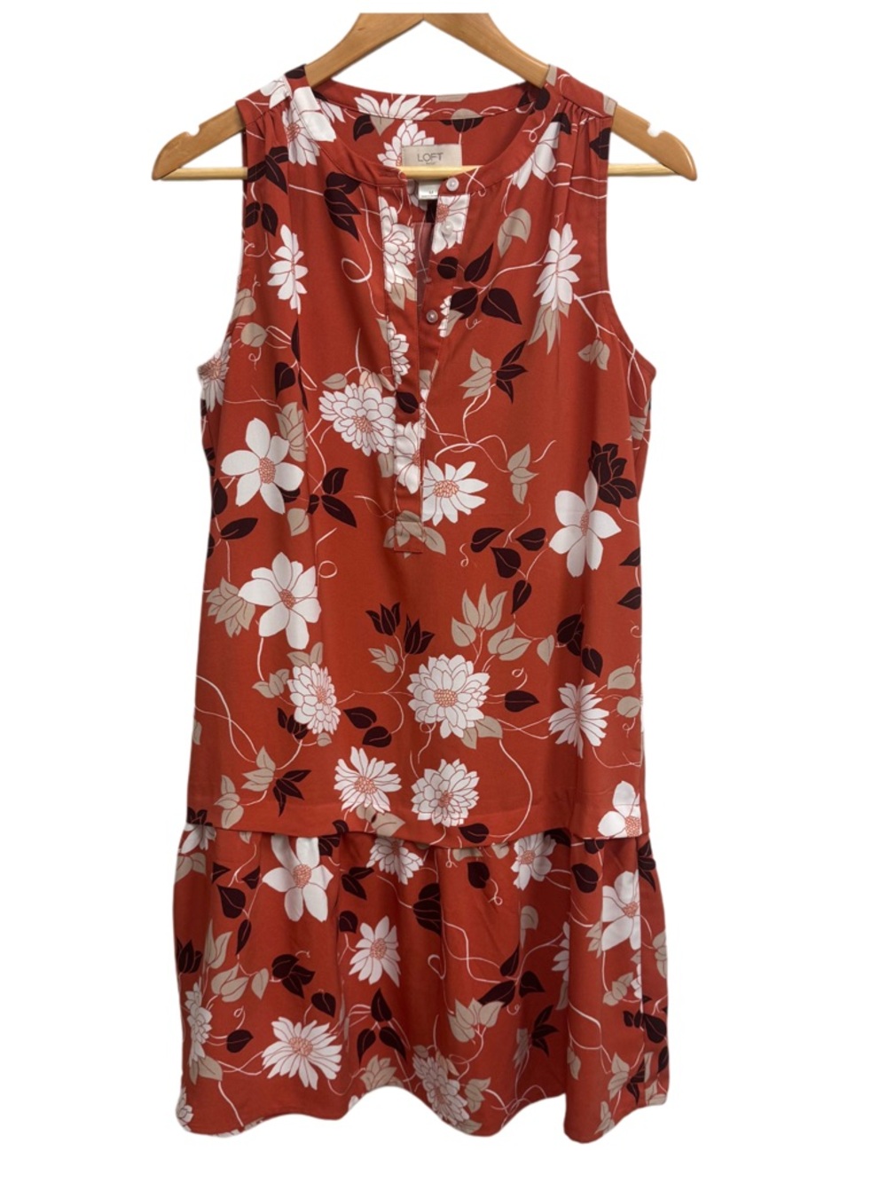 LOFT Rust Floral Sleeveless Notch-Neck Drop Skirt Dress